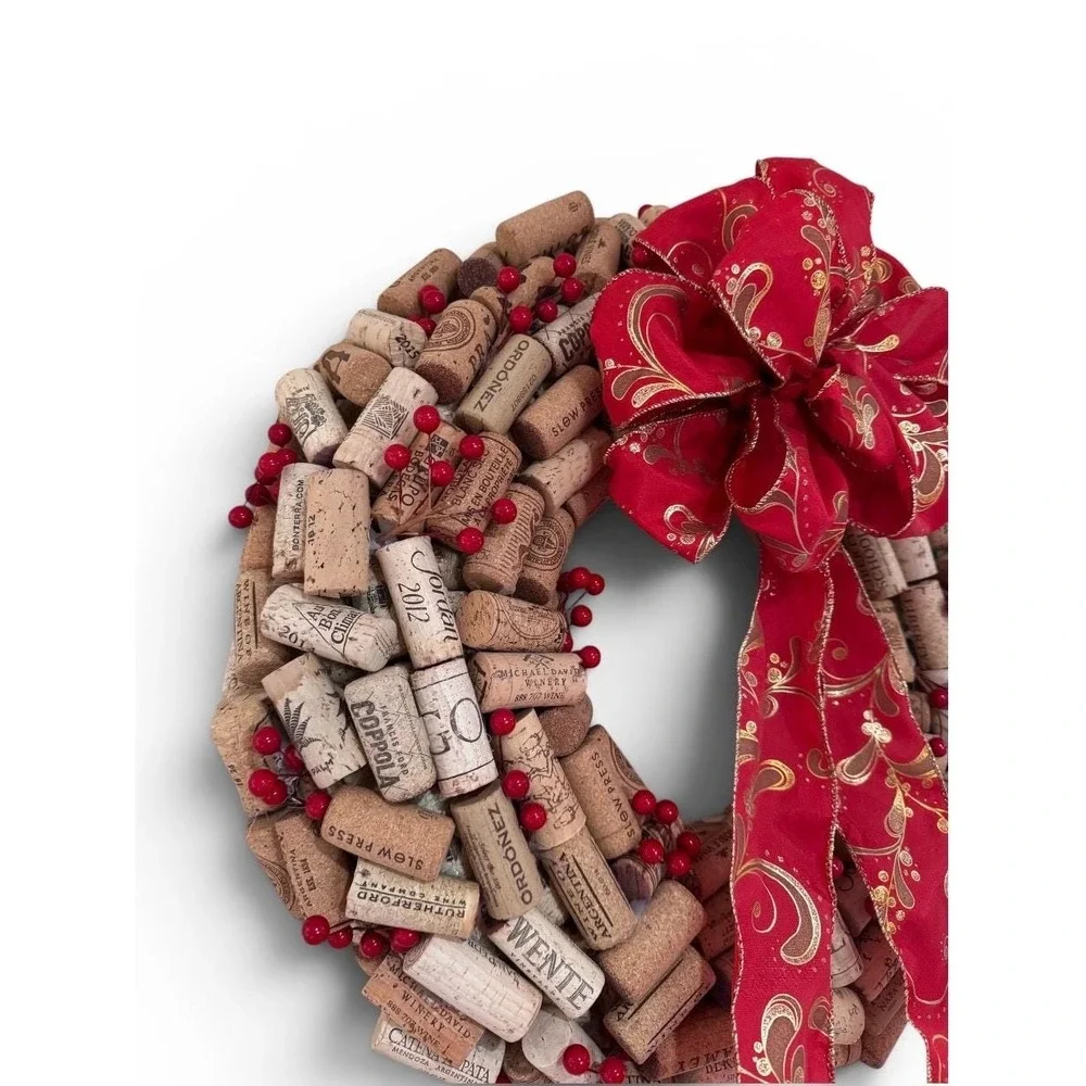 Handmade Wine Cork Wreath Rustic Vineyard Wall Door Decor Red Ribbon